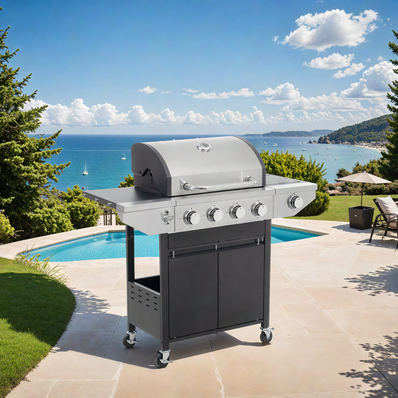 Barbecue au propane 4 + 1 brûleur avec brûleur latéral, barbecue en acier inoxydable 46 500 BTU