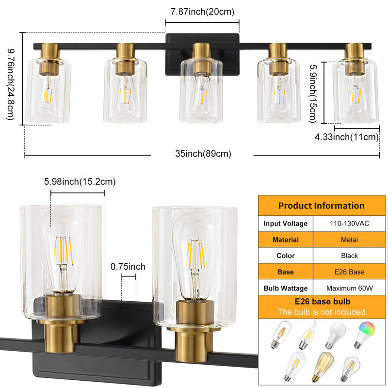 Middlewich 5 - Light Dimmable Vanity Light Mirror Headlights, Black/Gold