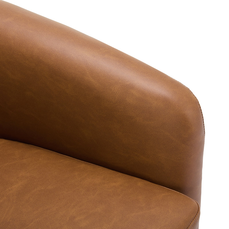 Fauteuil demi-tonneau pivotant en similicuir brun avec base en bois massif Applewold, Similicuir brun