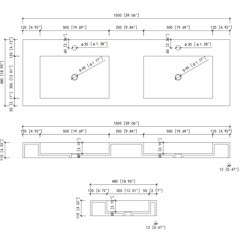 Évier de surface solide en pierre de pierre pour meuble-lavabo - 60,32 po de profondeur, 19,38 po de largeur, 4,39 po de hauteur, 70,2 lb de durabilité élevée, des silhouettes de coupe épurée, une utilisation en douceur, blanc mat, long, large, flexible
