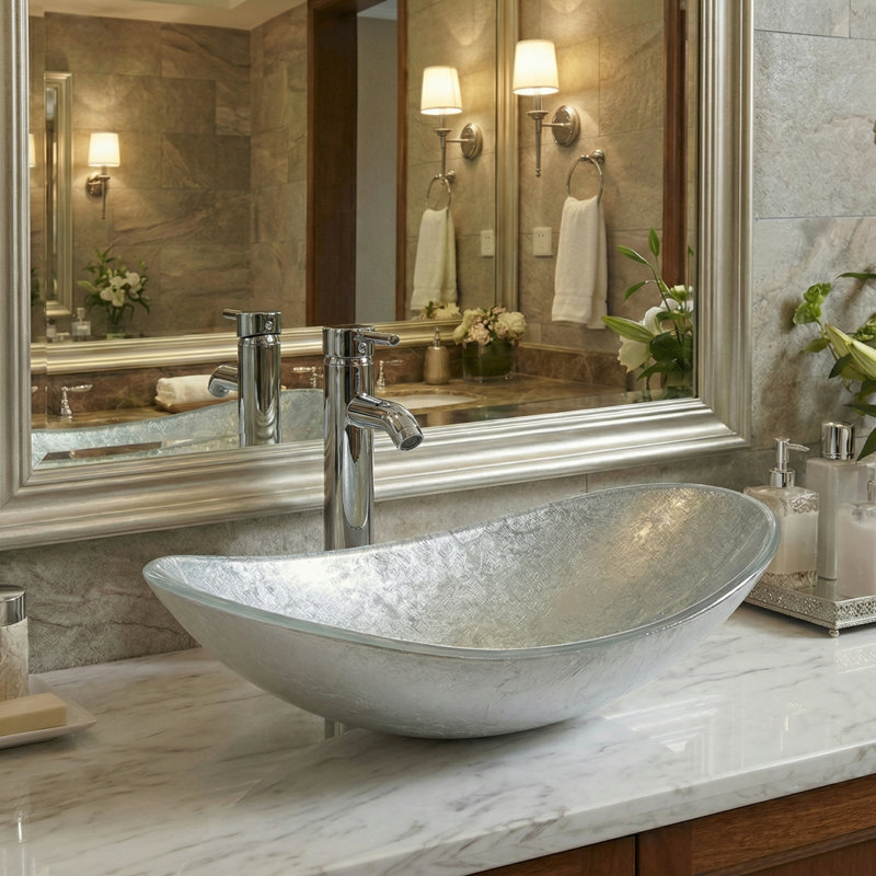 Vasque de salle de bain en verre artistique en forme de bateau, couleur argent, Argent, Argent