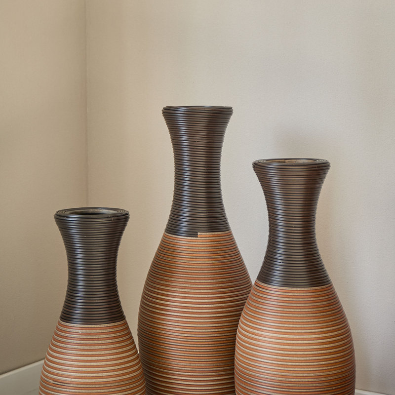 Eibhinn 3 Piece Set Retro Handmade Rattan Floor Vase, Tall Large Flower Vase, Multicolor Finish, Black/Brown