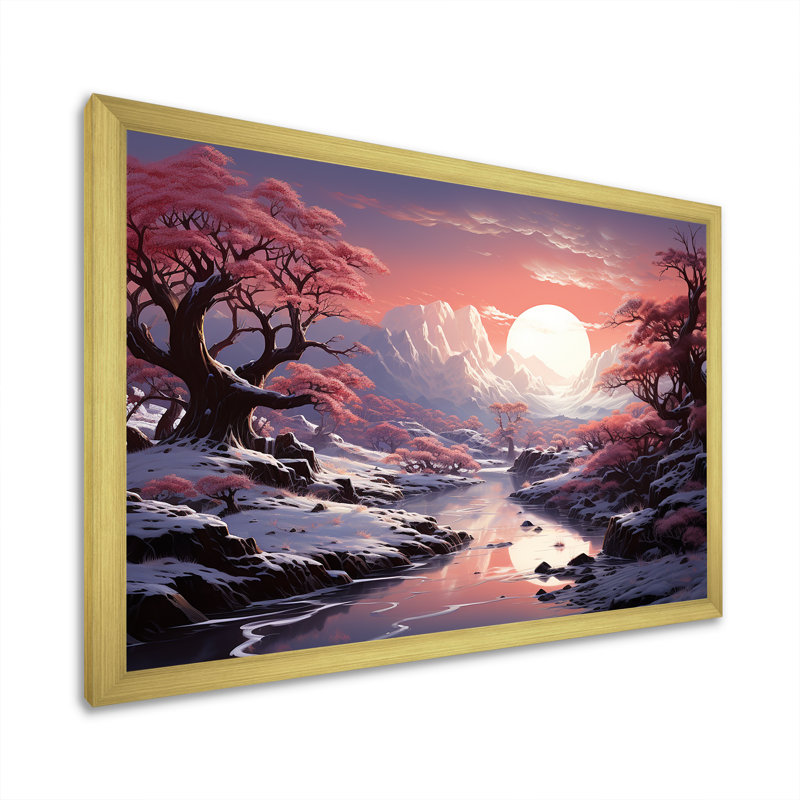 «Kawaii Winter Landscape Sunrise I», reproduction sur toile, Cadre doré simple, H 34 po x l 44 po x P 1,5 po