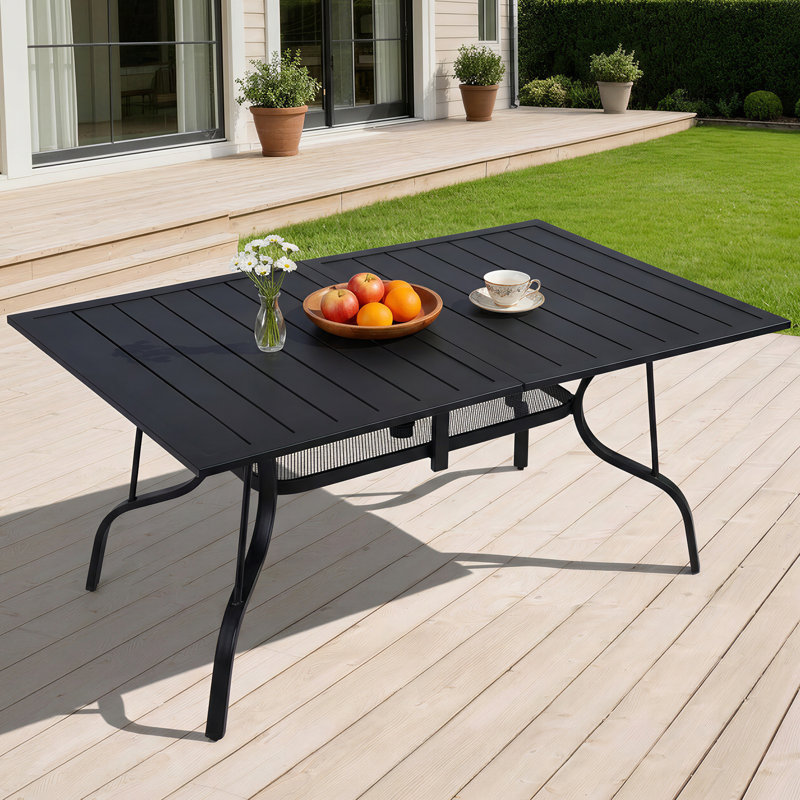 Table de salle à manger d'extérieur 63 po x 38 po pour 6 personnes, table de patio rectangulaire en métal avec trou de parasol réglable pour le jardin, la cour et le porche, noir
