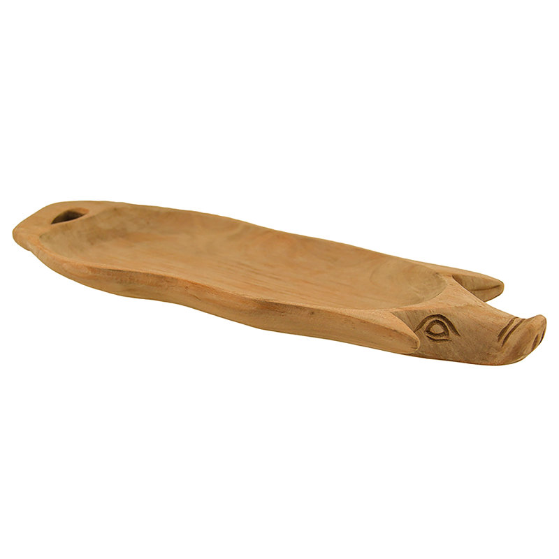 Rustic Brown Hand-Carved Wood Pig Serving Tray with Natural Wood Grain and Handle — 14.75 in. L X 6 in. W X 1 in. D