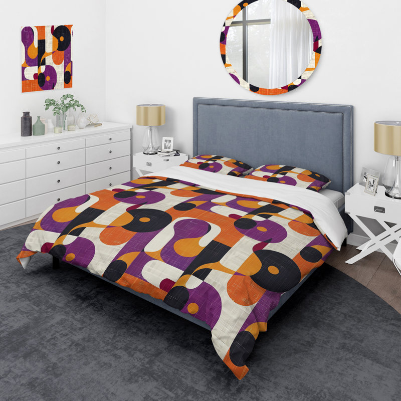 Ensemble de housse de couette orange, mauve et géométrique rétro, Housse de couette pour grand lit et 2 taies décor