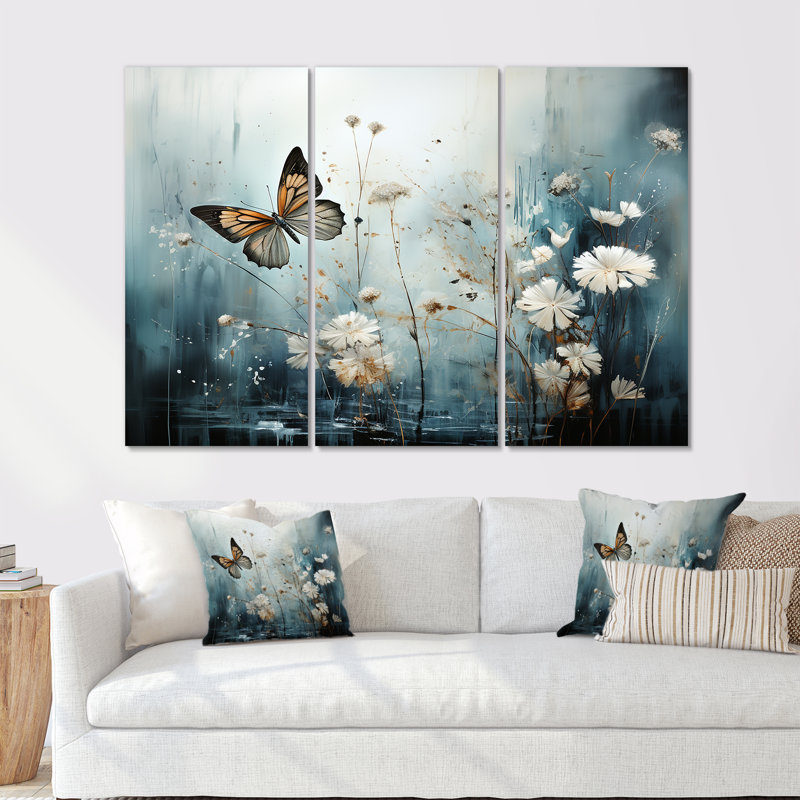 Papillon champ de fleurs - ensemble d'art mural floral, H 40 po x l 60 po x P 1 po