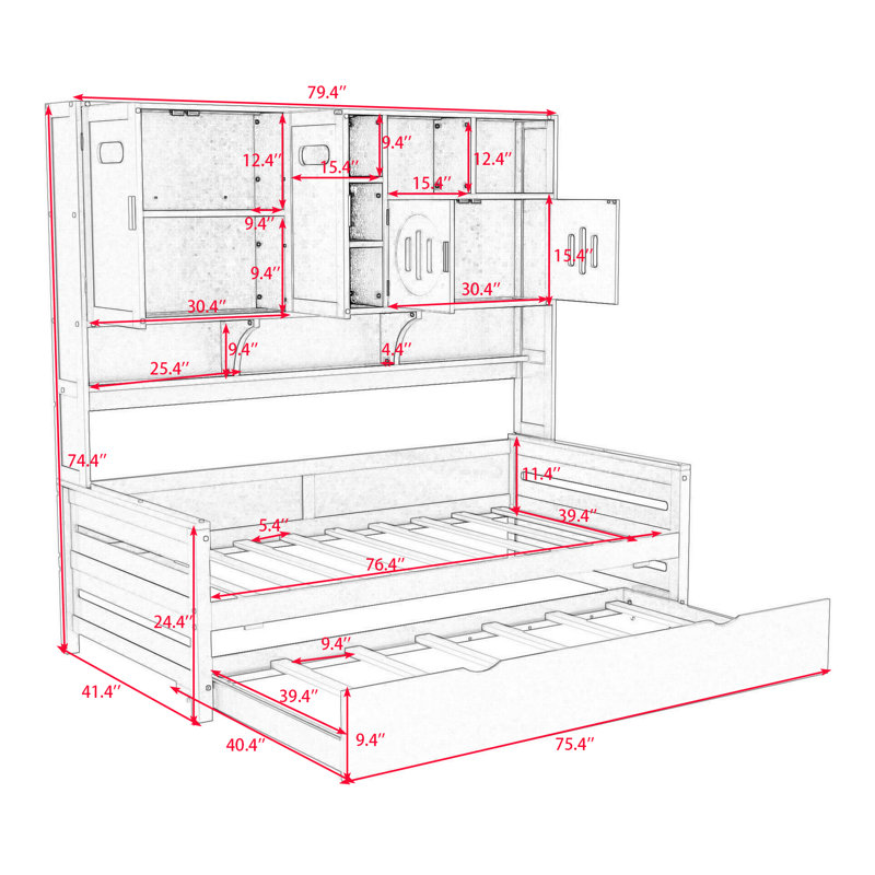 Wooden Daybed With Trundle, Cabinet and Shelf, Twin, White