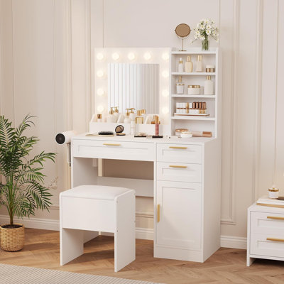 Vanity Desk with Lighted Mirror, 3 Lighting Modes Makeup Table with Charging Station, Cushioned Stool & 3 Drawers for Bedroom or Makeup Studio