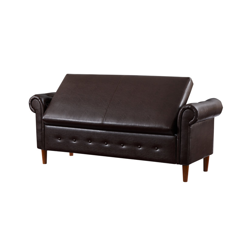 Banc de rangement multifonctionnel avec accoudoirs roulés et tabouret rectangulaire (brun pu), Similicuir brun, Brun
