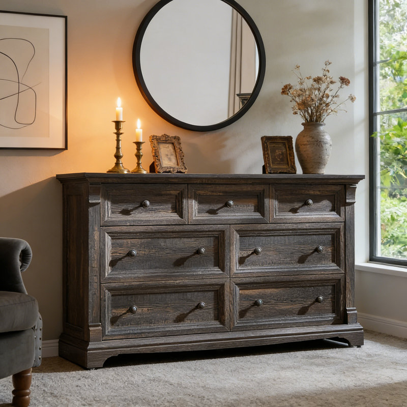 Roman Column 7-drawer Dresser - 54" Wide Farmhouse Statement, Dark Rustic Oak