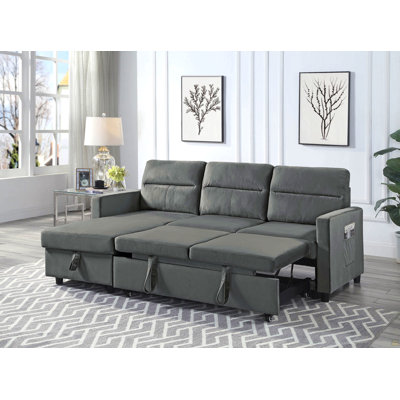 Ivy 81.5" Dark Gray Velvet Reversible Sleeper Sectional Sofa With Storage Chaise And Side Pocket