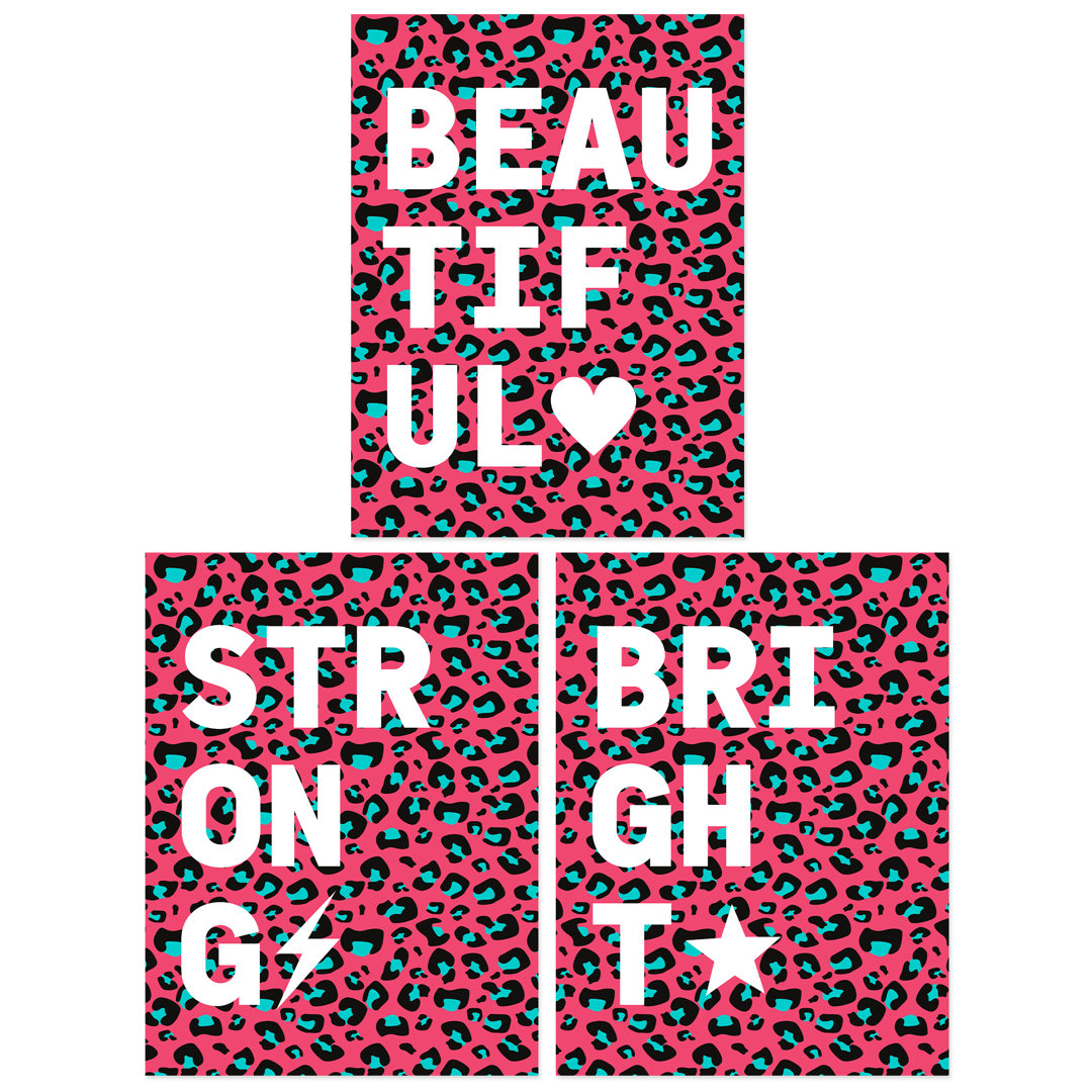 Leopard Pattern Beautiful Strong Bright Typography - 3 Piece No Frame Print Set