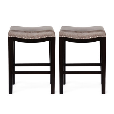 Foldable Grey Fabric Studded Counter Stool Of 2 - Wood With Seating, Ideal For Outdoor Bistro , 18.25 In Deep, 12 Wide, 26.75 Tall, 12.43 Lb Seating Bistro,