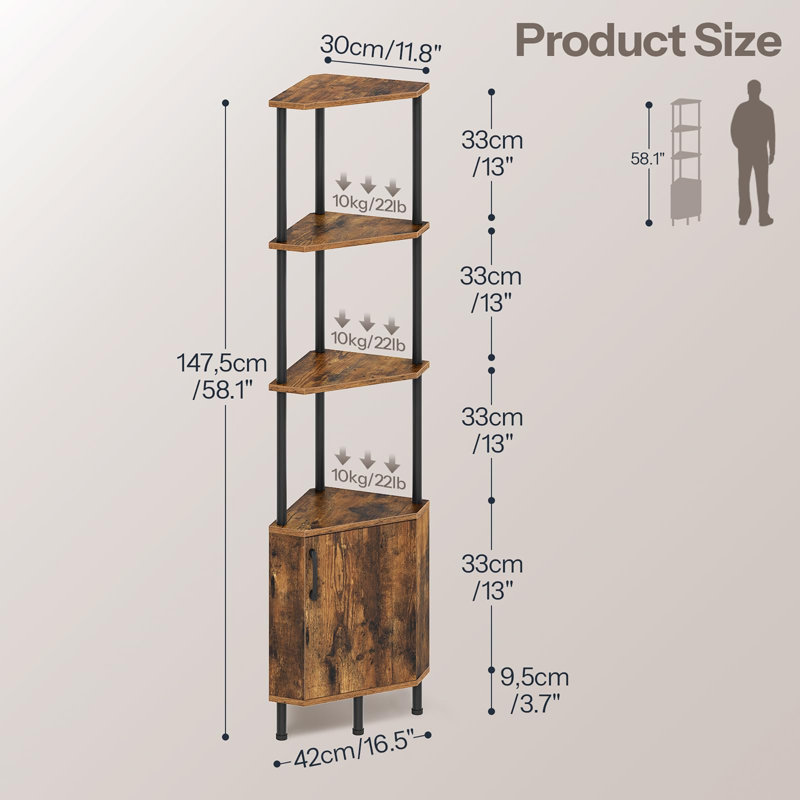 5-Tier Industrial Corner Bookshelf, Rustic Brown