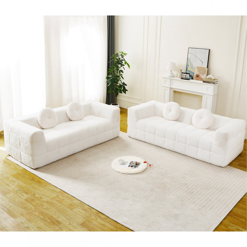 Canapé moderne sans os avec coussins décoratifs, tissu en polyester à poils longs texturé litchi doux pour la peau, tissu à carreaux