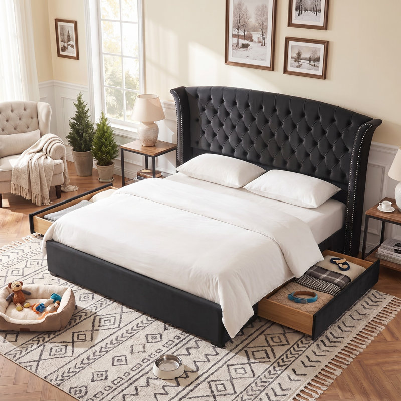 57.48" High Bed Frame with 2 Storage Drawers, Upholstered Velvet Headboard Platform Bed, Wingback Headboard, Button Tufted Bed, Metal Frame & Sprung Slats Support, No Box Spring Needed, Easy Assembly