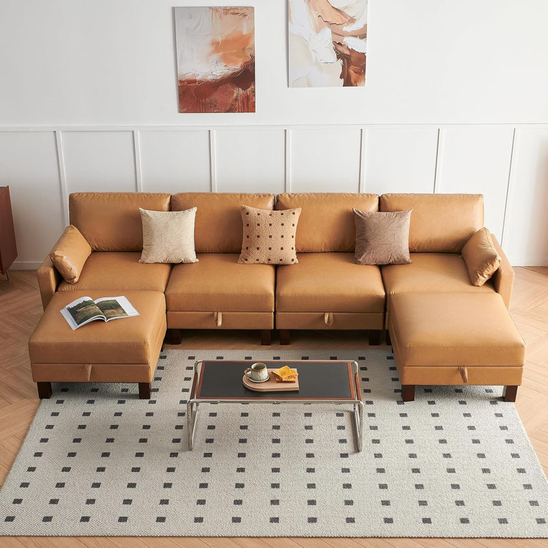 Canapé modulaire en U de 128 po à 6 places avec chaises et canapé modulaire en U avec pieds carrés en bois pour maison, salon, salle de réception, appartement, brun clair