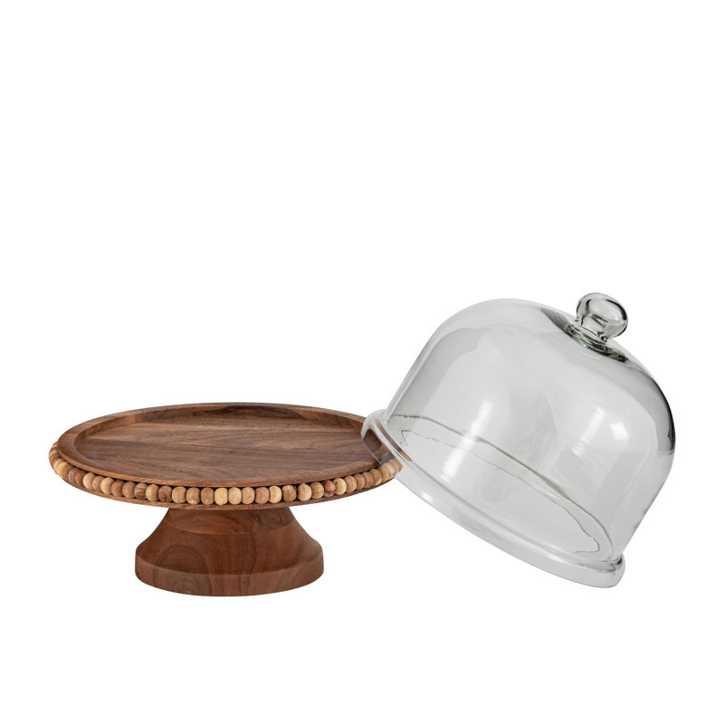 Assiette à gâteau avec pieds en bois d'acacia et dôme en verre
