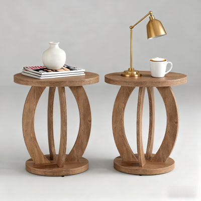 Round Wood End Table, Farmhouse Accent Bedside Table For Living Room Bedroom Small Space, Set of 2