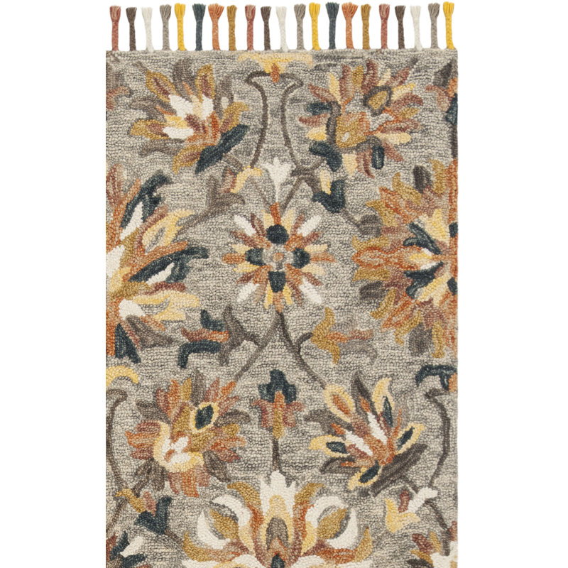 Tapis floral gris / brun en laine touffeté à la main Edvardo, Rectangle 8 pi x 10 pi