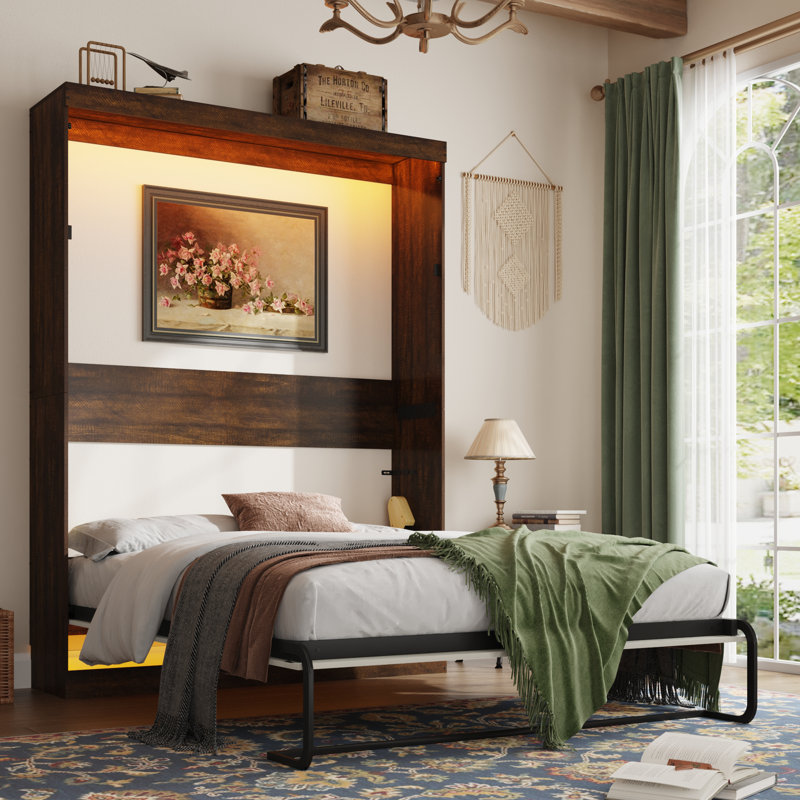 Queen Size Murphy Wall Bed With LED Lights, No Box Spring Needed, For Home Office, Brown/White