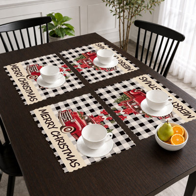 Ensemble de 4 napperons de Noël - Ensembles de table résistants à la chaleur, pour les repas à l'intérieur et à l'extérieur, motif de camion vichy rouge et noir