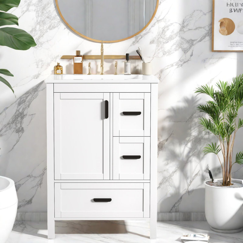 Modern Compact Vanity Cabinet With Ceramic Sink, Space-saving Storage