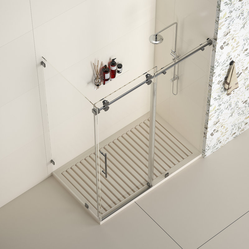 Radiance 48 In. W X 40 In. D X 76 In. H Sliding Frameless Corner Shower Enclosure With Clear Glass, Brushed Nickel