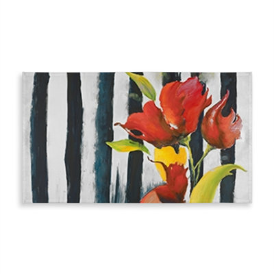 Contemporary White Tablecloth - Flowers on Stripes Decor