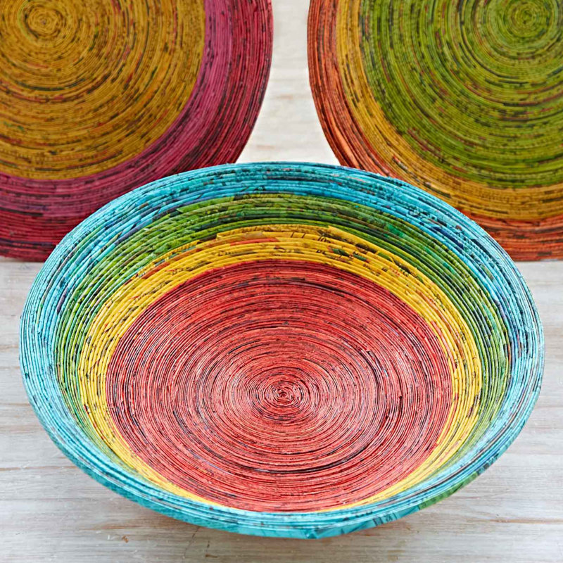 Handmade Paper Decorative Bowl 1, Blue/Green/Yellow/Red, 14cm H x 28cm W x 28cm D