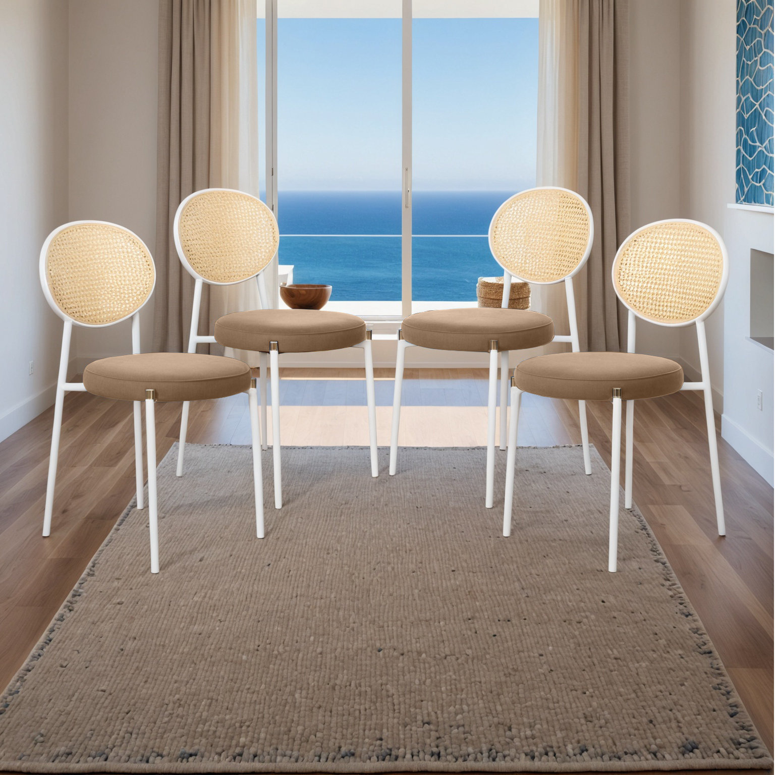 Bay Isle Home™ Modern Velvet Upholstered Dining Chair With Cane Rattan Back  – Accent Side Chair With White Steel Base Open Frame Design, Mid-Century