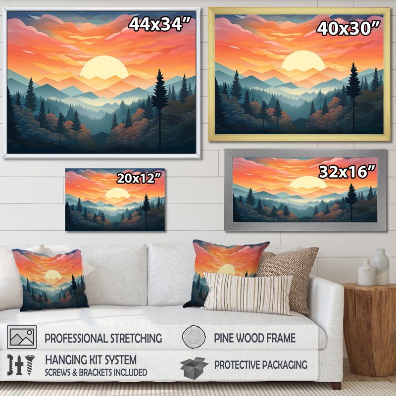 «Mountain Forest Daydream Peaceful Sunset» sur toile, H 30 po x l 40 po x P 1,5 po, Cadre flottant noir