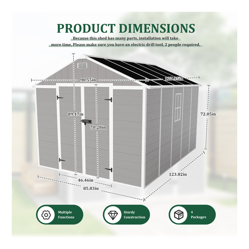 Campcraft 8*10Ft Resin Storage Shed, High Quality Pp Material, Strong Structure, Waterproof, Rust And UV Proof, Large Storage Space, 12Mm Thick Pp Board, HD Window Lighting