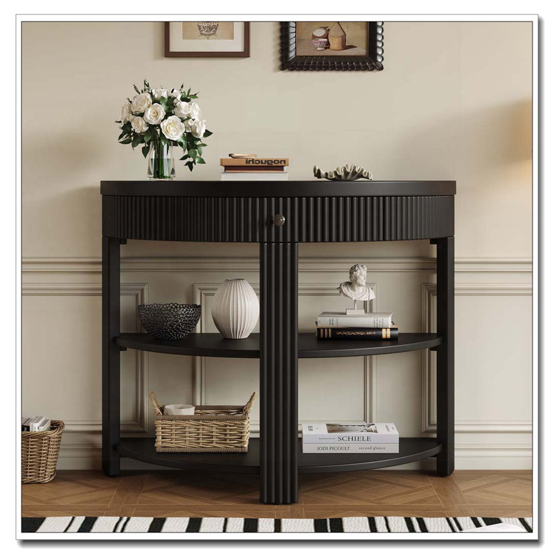 Console cannelée demi-lune avec tiroir et tablettes, Black