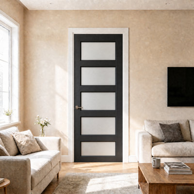 Interior Black Pantry Frosted Door Tempered Glass 5-Lite Solid Core Slab Door Primed Glass Panelled Standard Door Slab For French Bathroom Doors 30" x 80"