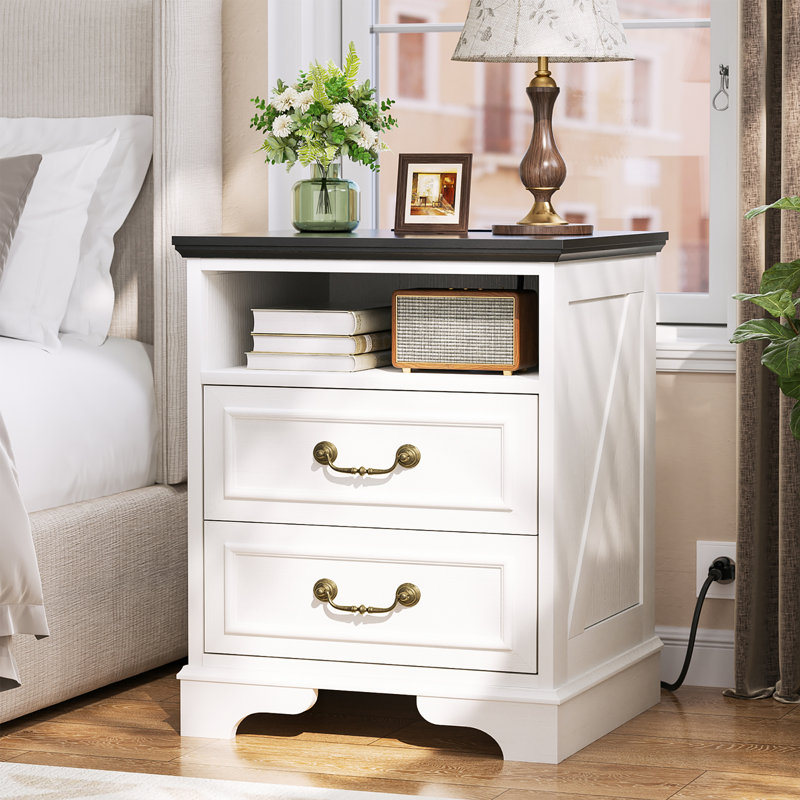 17 Inches Farmhouse Modern Nightstand With 2 Drawers And Built-In Outlets, White