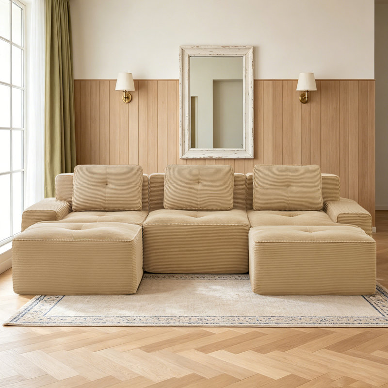 Geier 117.50" U Shaped Couch, Modular Sectional Sofa, 3-Seater Comfy Cloud Couch with Two Movable Ottoman, Camel Corduroy