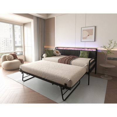 Lit de jour avec lit gigogne, structure de lit en métal robuste avec tête de lit tapissier et station de charge pour le salon, la chambre à coucher et la chambre d'amis