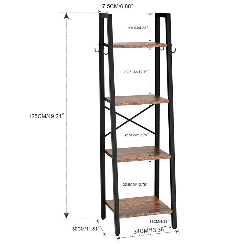4 Tiers Ladder Bookcase, Rustic Brown/Gray