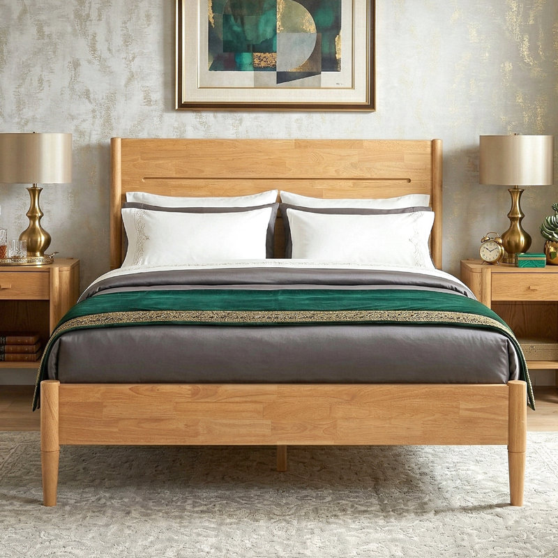 Apollo King Bed Frame With Headboard & Round Tapered Legs, Smart Tool-free Set-up Solid Wood Platform Bed Frame, Light Oak