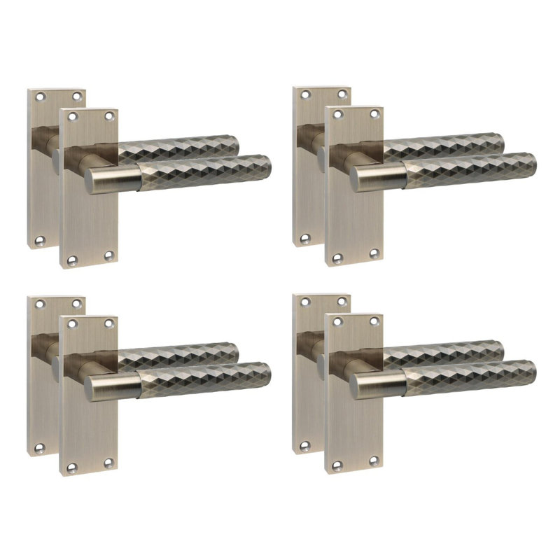 Golden Grace 4 Pairs Victorian Design Knurled Diamond Cut Door Handle Satin Brass Finish Bathroom and Lock Set - 120mm x 40mm