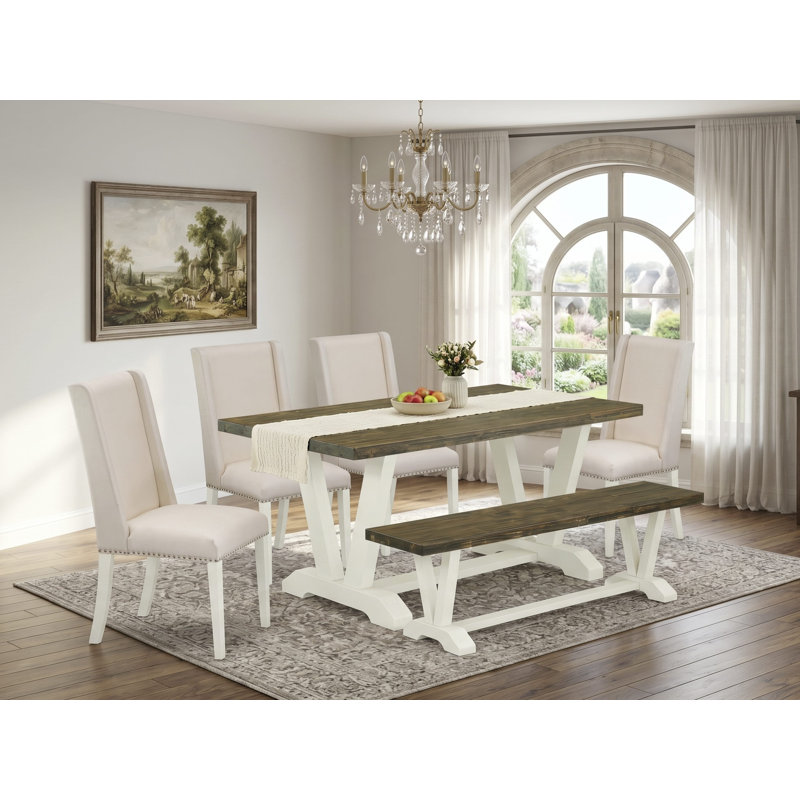 Ensemble de table de salle à manger 6 pièces avec table de salle à manger Jacobean patinée et banc en bois - 4 pièces de tissu en lin crème brossé blanc Parson