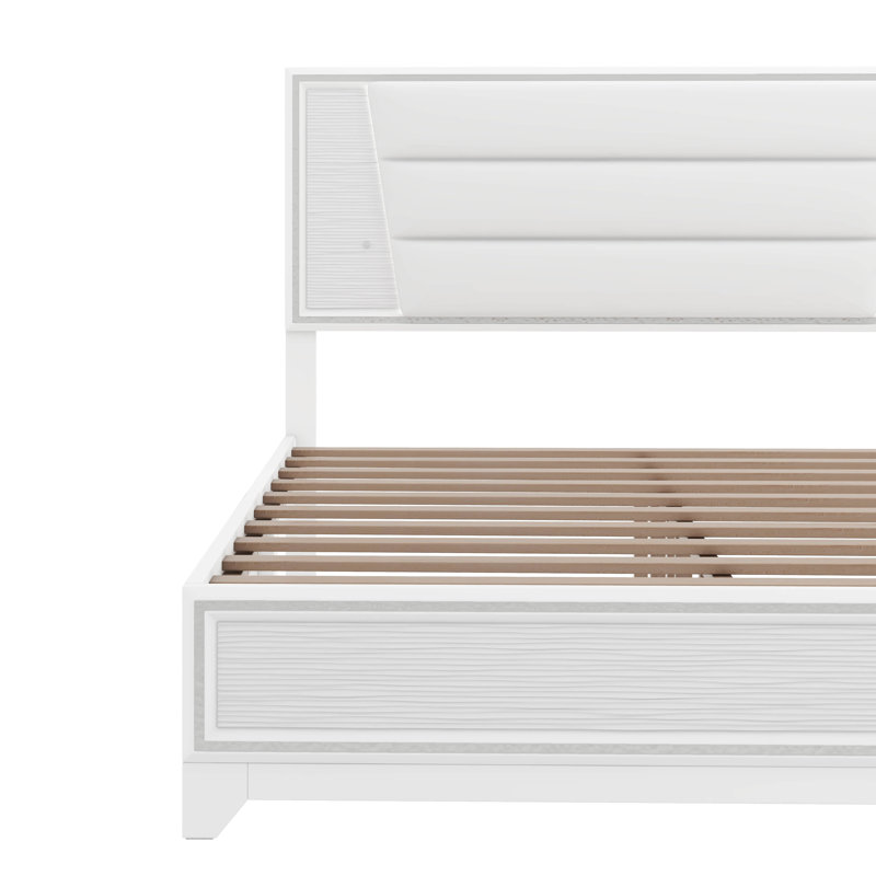 Queen Size PU Upholstered Bed, Headboard With LED Light Strips And Sparkling Shiny Decoration, No Box Spring Required, White