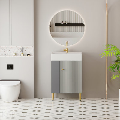21.6" Open-Shelving Vanity With Ceramic Sink, Soft-Close Door, Left Storage Shelf, Assembly Needed, Grey Gf