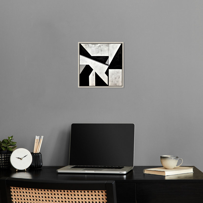 «Cubos Abstracts Canvas», art abstrait noir et blanc par Notoriart, Cadre argenté, H 13 po x l 13 po