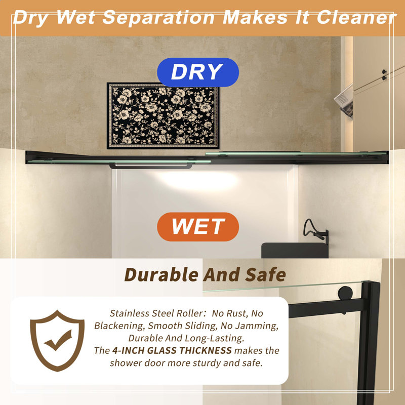 Portes de douche coulissantes doubles en verre semi-sans cadre, largeur 60 po x hauteur 76 po avec verre trempé transparent 3/8 po (10 mm), noir mat