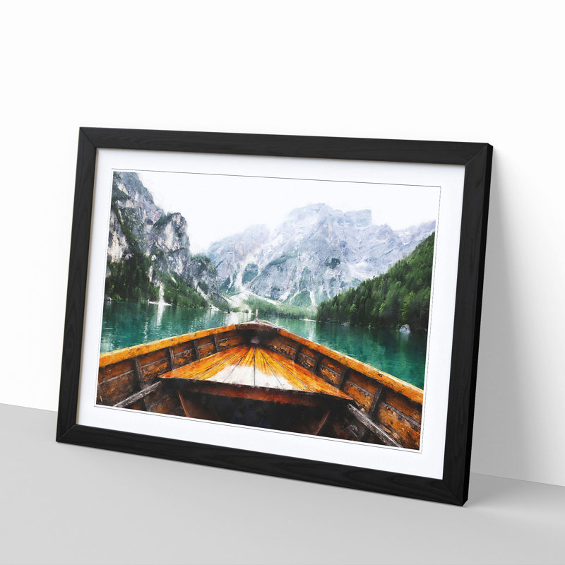 Boat In Lago Di Braies Italy Painting - Single Picture Frame Print on MDF, Black, 62cm H x 87cm W x 2cm D