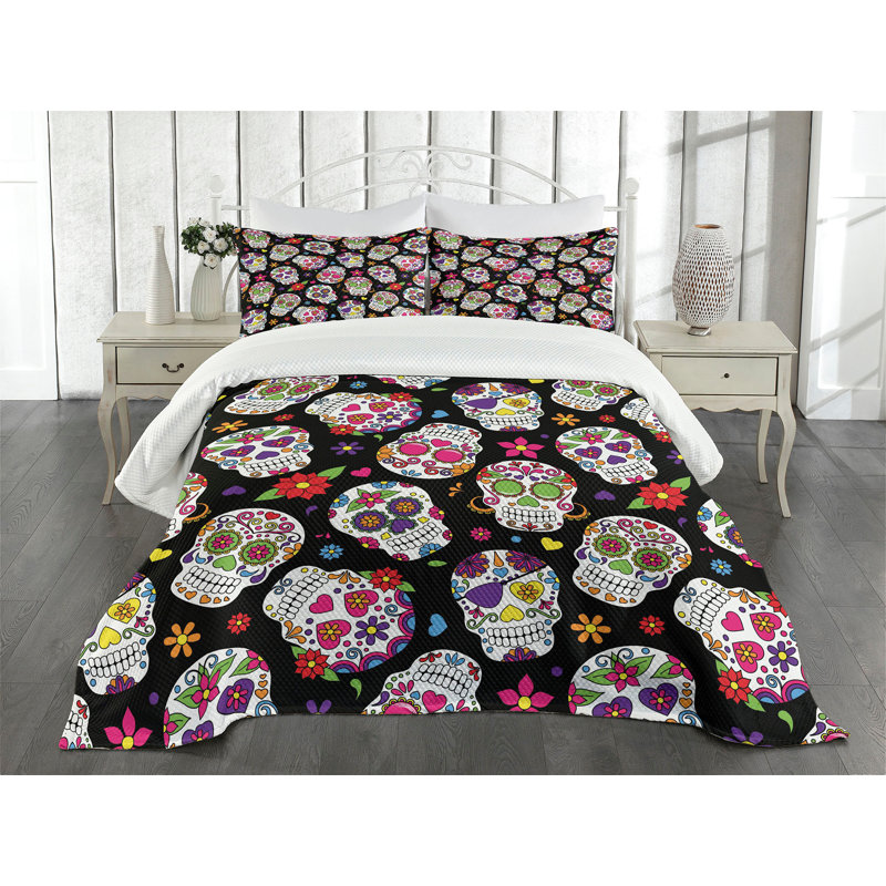 Queen White and Multicolor Sugar Skull Bedspread Set