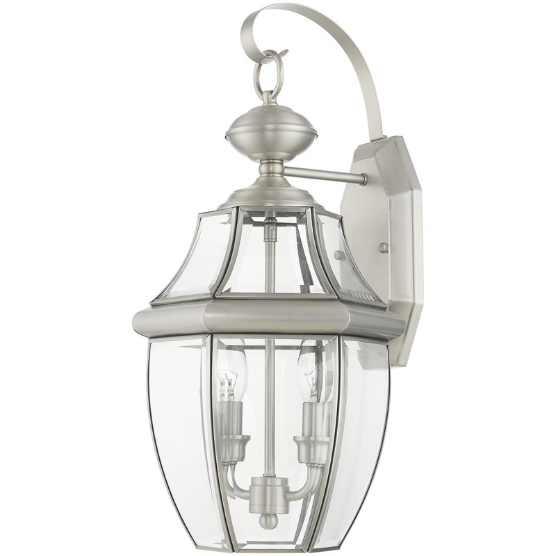 10.5in 2-Light Outdoor Wall Lantern Pendant Fixture with Clear Beveled Glass Shade, Brushed Nickel